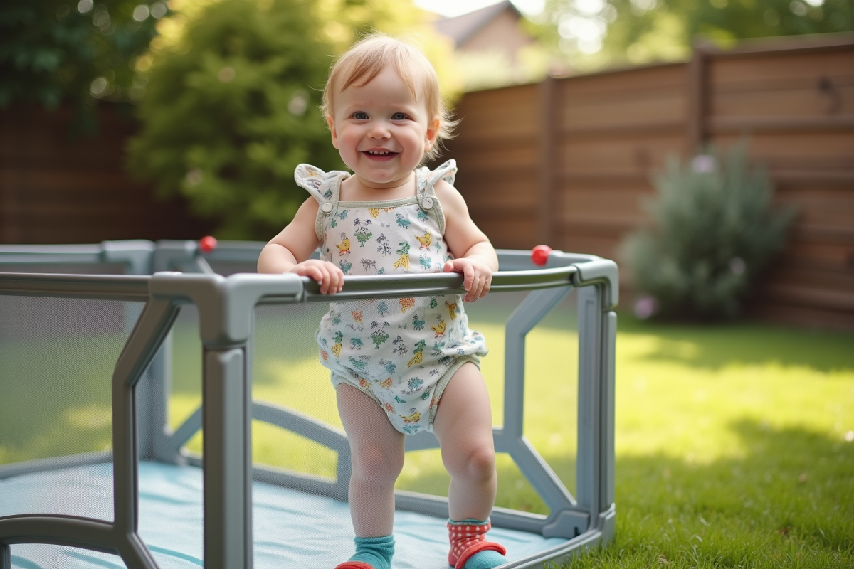 Petite fille de 14 mois joue dans un jardin ensoleille