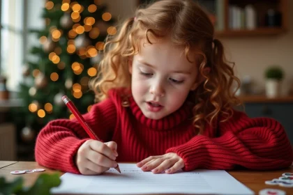 Petite fille écrivant une lettre au Père Noël sur un modèle imprimé avec une enveloppe prête à poster