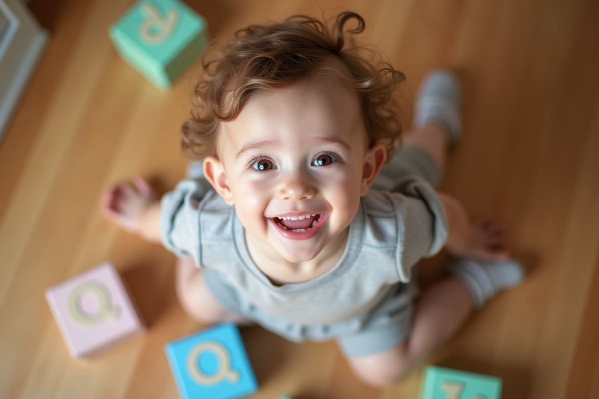 Enfant souriant avec blocs de lettres Q