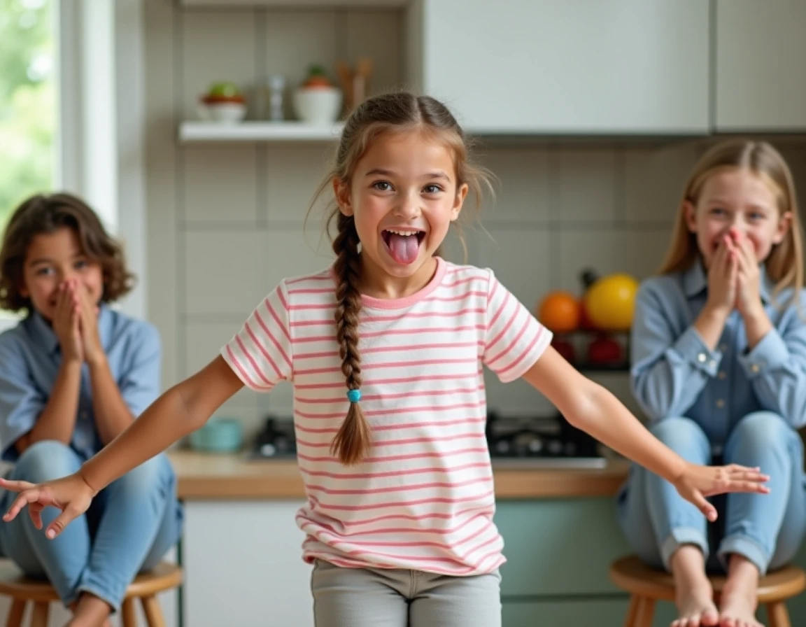 Fillette réalisant un gage rigolo dans une cuisine moderne devant ses amies amusées, jeu de gages entre enfants