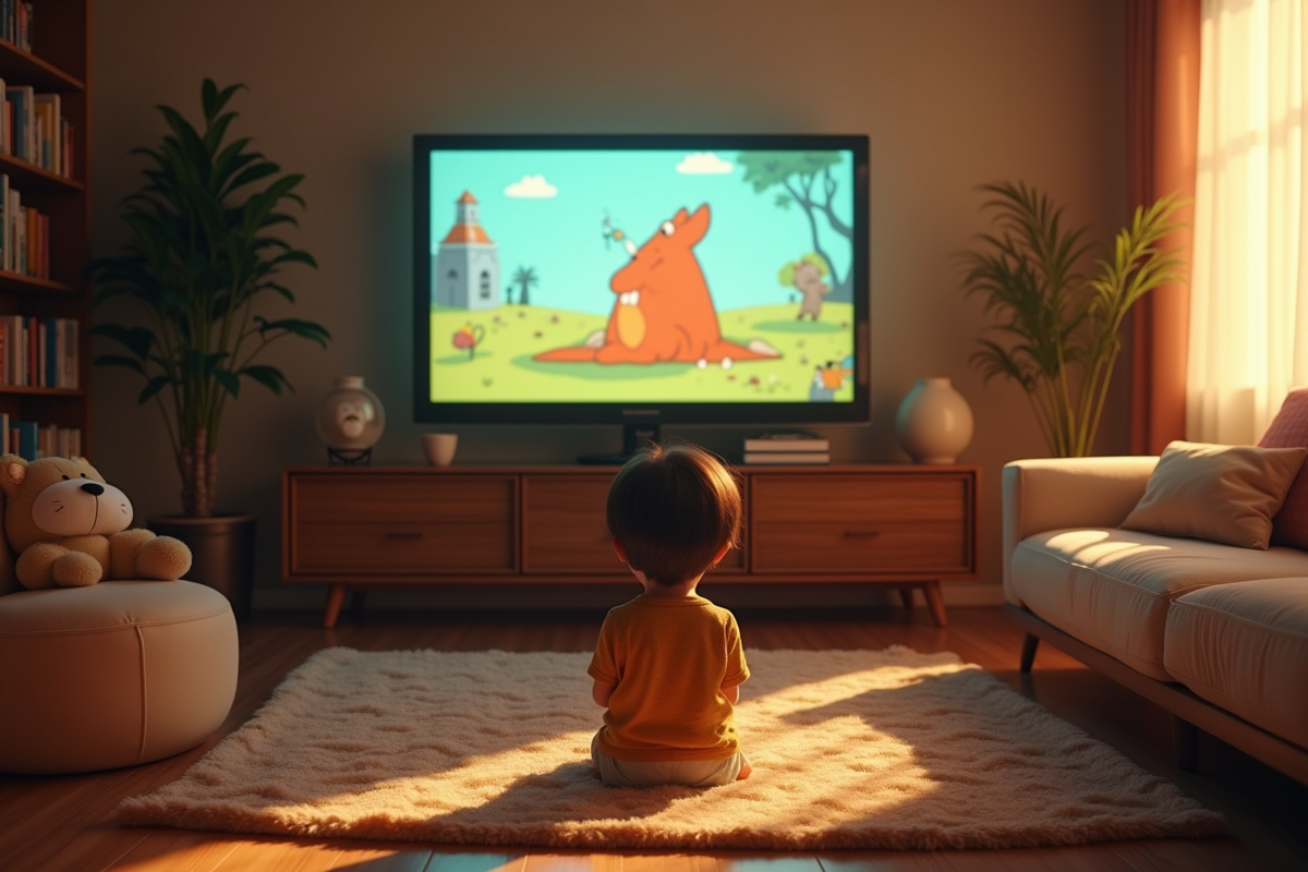 Enfant regardant un dessin anime vintage de OuiOui à la télévision dans un salon lumineux