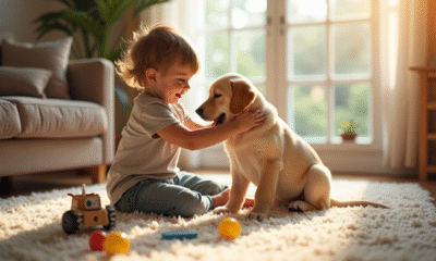 Jeune enfant souriant en nourrissant un chiot labrador doré dans un salon ensoleille