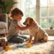 Jeune enfant souriant en nourrissant un chiot labrador doré dans un salon ensoleille