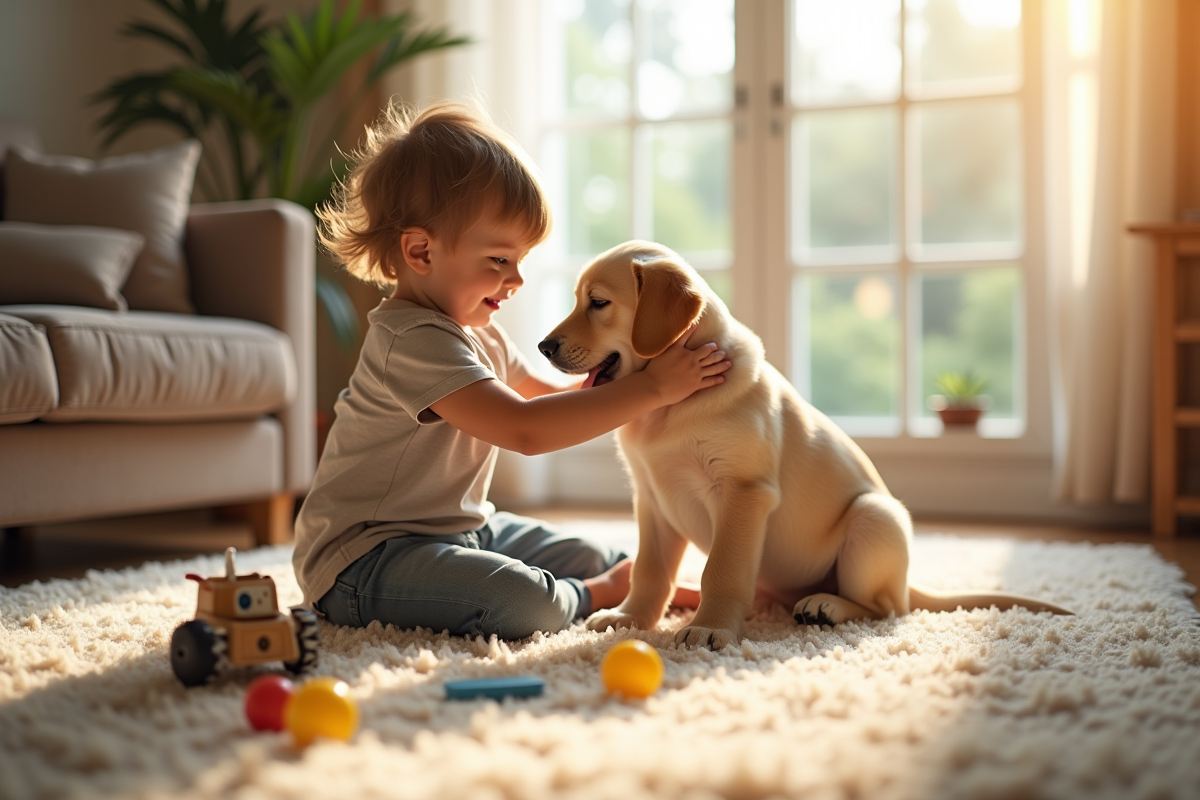 Jeune enfant souriant en nourrissant un chiot labrador doré dans un salon ensoleille