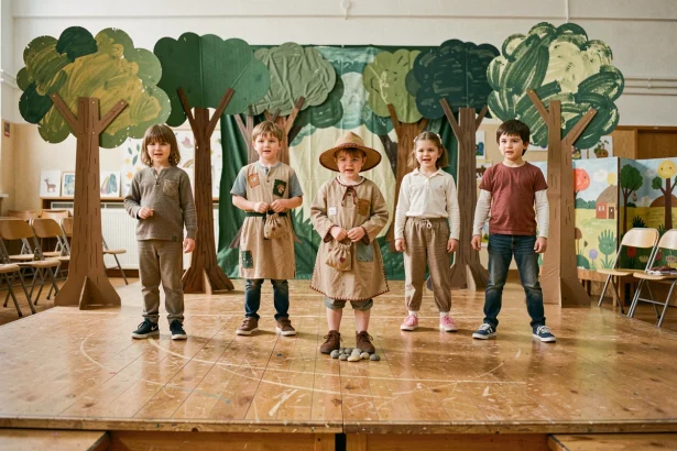 Groupe d'enfants en costumes faits main jouant Le Petit Poucet sur une scène d'école décorée de décors en carton peint