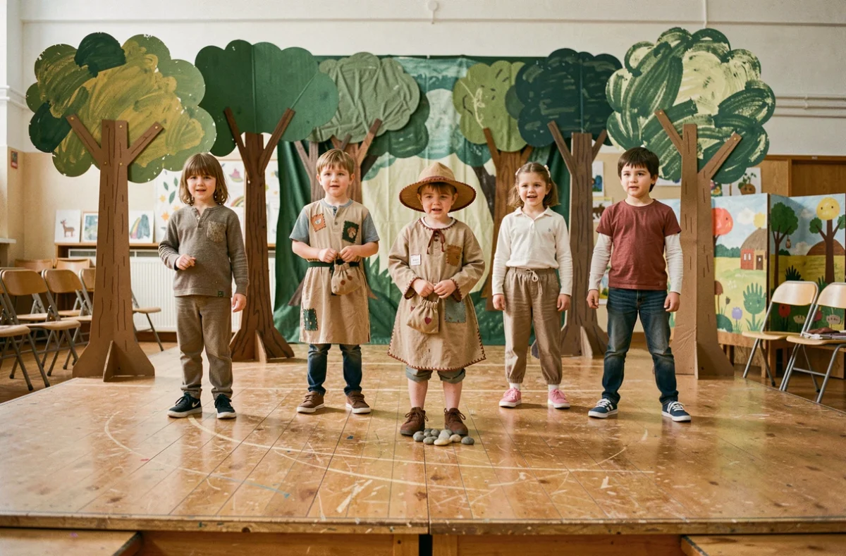 Groupe d'enfants en costumes faits main jouant Le Petit Poucet sur une scène d'école décorée de décors en carton peint