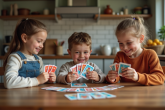 Trois enfants souriants jouent à go fish autour d'une table en bois