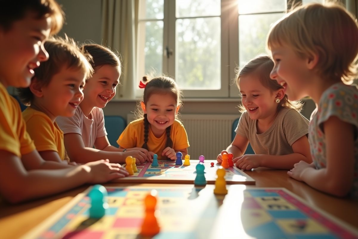 Enfants jouant au jeu de l'oie en famille ensoleillée
