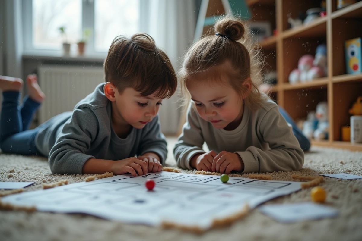 Deux enfants concentrés sur un jeu de plateau imprimé maison lors d'une journée pluvieuse en intérieur