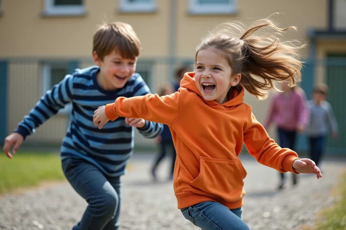 Deux enfants jouant au jeu touche touche pas dans la cour d'un centre de loisirs