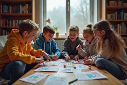 Groupe d'enfants jouant à des jeux imprimés autour d'une table lors d'une fête d'anniversaire pluvieuse en intérieur