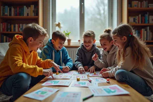 Groupe d'enfants jouant à des jeux imprimés autour d'une table lors d'une fête d'anniversaire pluvieuse en intérieur
