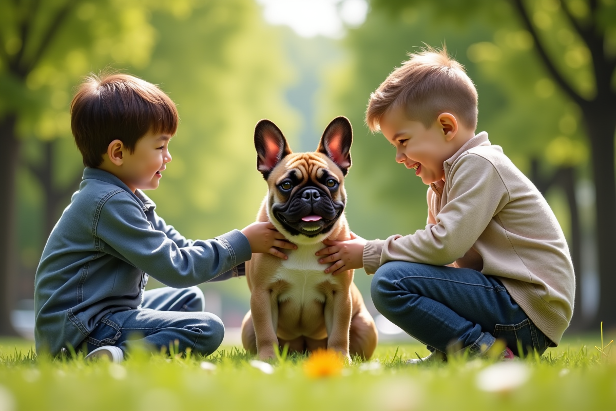 Deux enfants jouant avec un bouledogue dans un parc urbain ensoleille