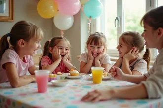 Groupe d'enfants de 8 ans qui rient autour d'une table d'anniversaire colorée avec des cupcakes et des ballons