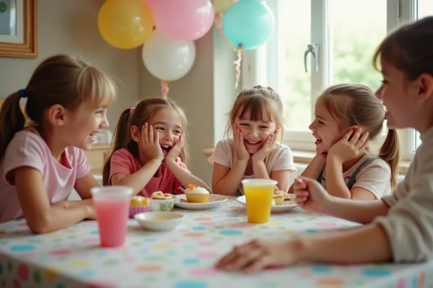 Groupe d'enfants de 8 ans qui rient autour d'une table d'anniversaire colorée avec des cupcakes et des ballons