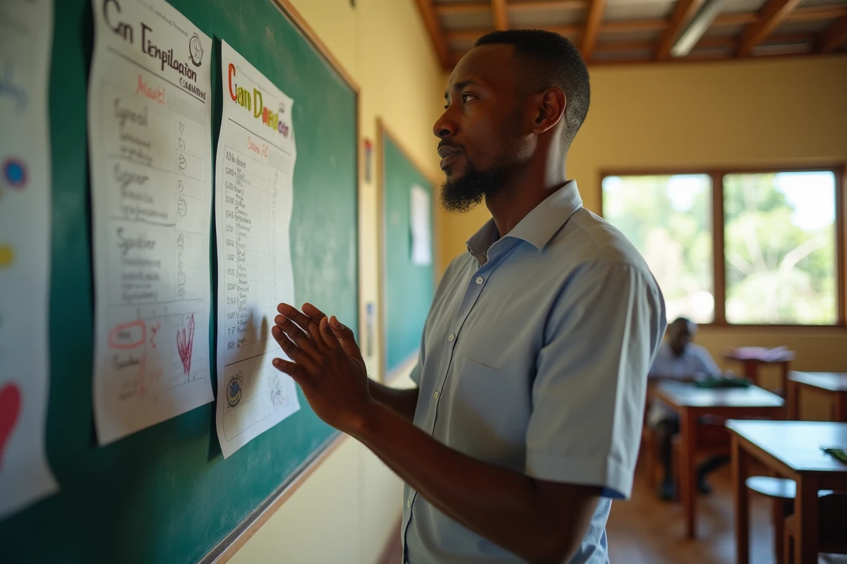 Enseignant réunionnais devant un tableau de classe expliquant les changements de dates des vacances scolaires 2026