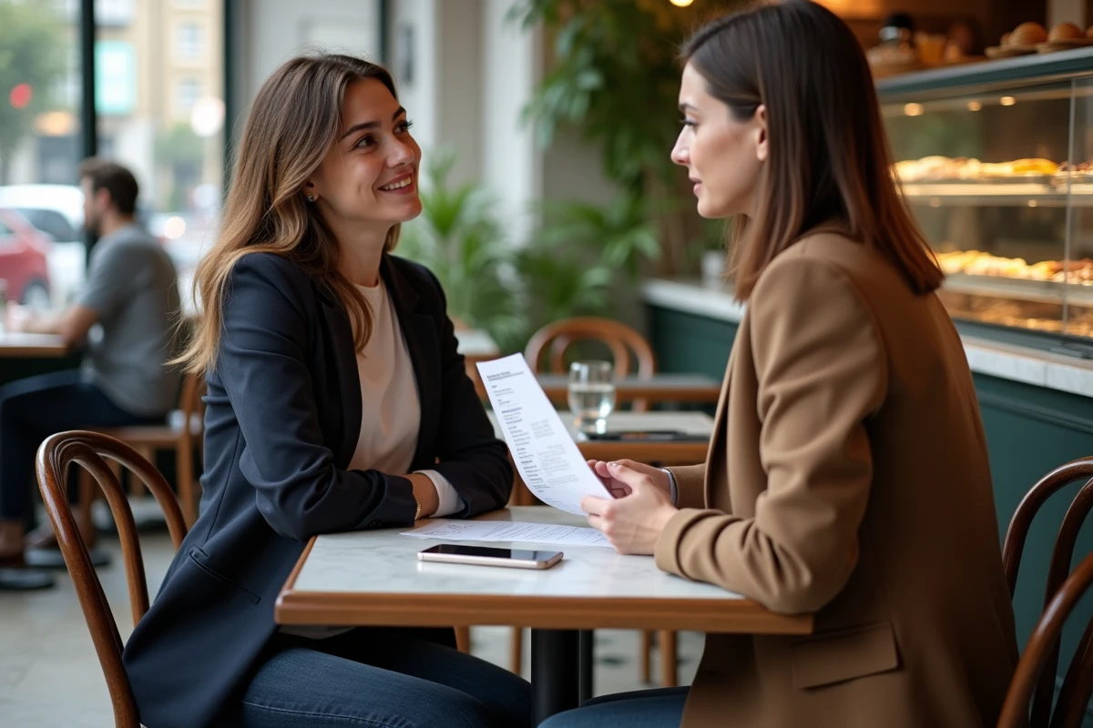 Entretien entre une mère de famille et une candidate nounou dans un café parisien, avec un CV posé sur la table