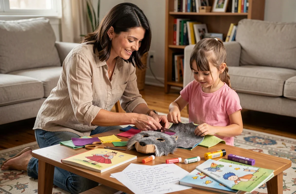Mère et fille fabriquant des costumes du Petit Poucet à la maison avec du tissu et du carton sur une table basse