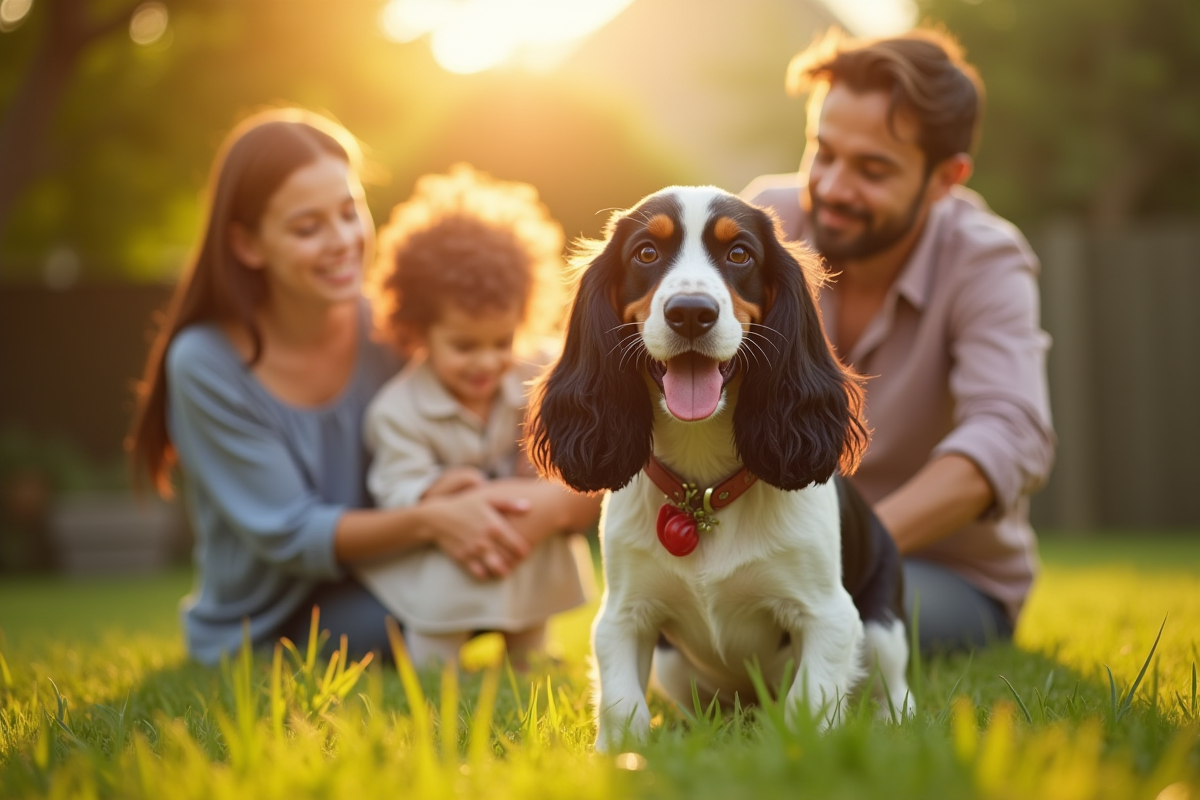 Famille enseignant des commandes à leur cocker dans un jardin ensoleille
