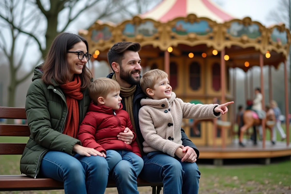 Famille avec enfants assis sur un banc dans le parc d
