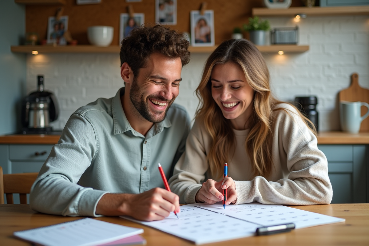 Un couple rit en remplissant un calendrier à la maison