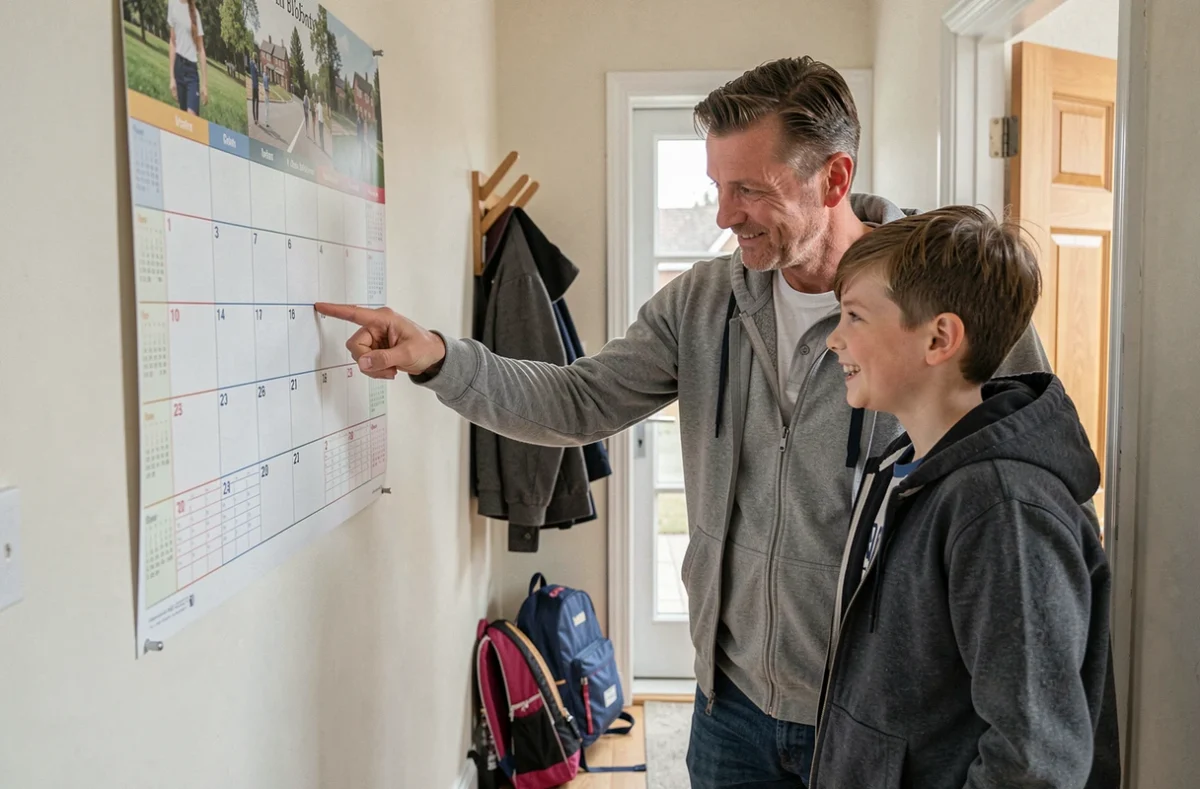Père et fils consultant un calendrier mural pour organiser les congés familiaux en fonction des vacances scolaires en Angleterre 2026