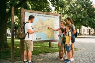 Famille consultant une carte des régions d'Allemagne du Sud pour planifier les vacances scolaires 2026 du Baden-Württemberg