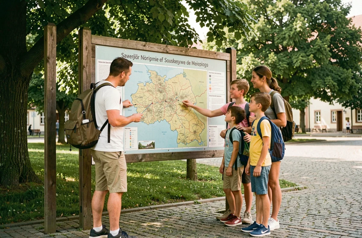 Famille consultant une carte des régions d'Allemagne du Sud pour planifier les vacances scolaires 2026 du Baden-Württemberg