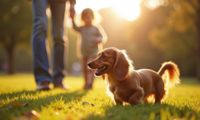 Famille jouant avec un dachshund dans un parc ensoleille