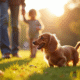 Famille jouant avec un dachshund dans un parc ensoleille