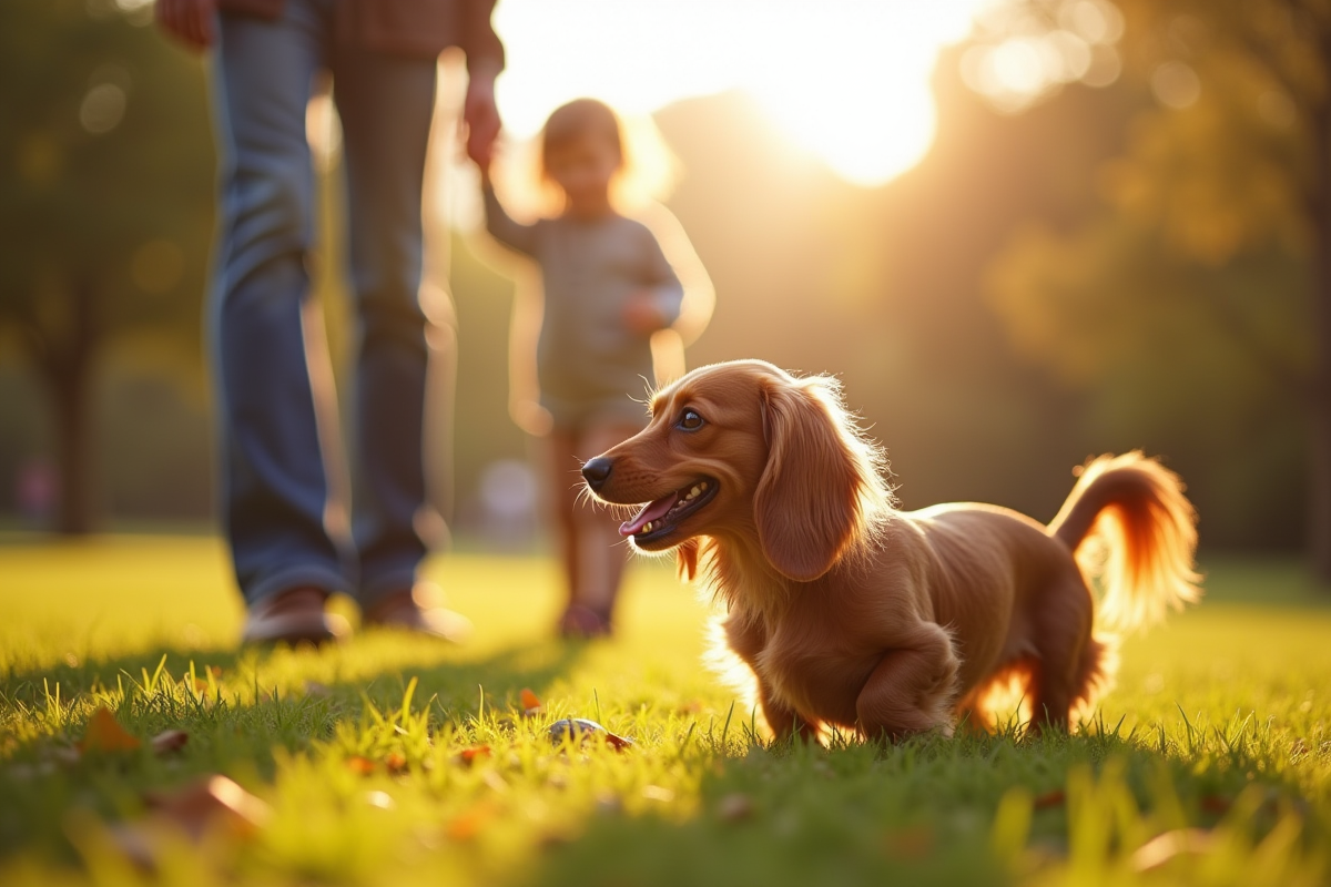 Famille jouant avec un dachshund dans un parc ensoleille