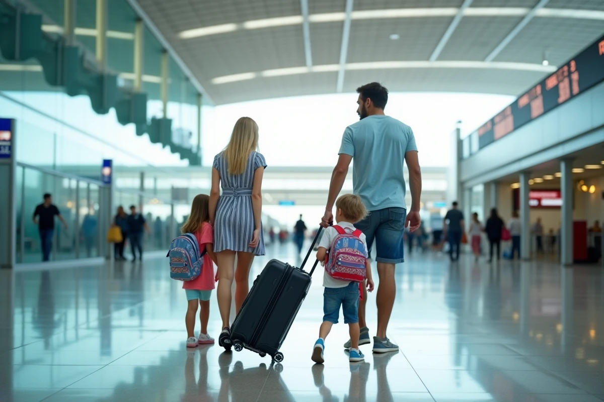 Famille avec valises dans un aéroport moderne partant en vacances grâce à des offres Family Deals économiques