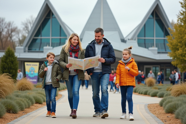 Famille avec carte devant l'entrée du Futuroscope