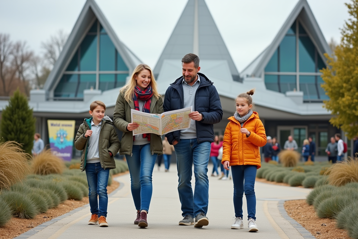 Famille avec carte devant l'entrée du Futuroscope