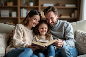 Famille lisant un livre dans un salon chaleureux