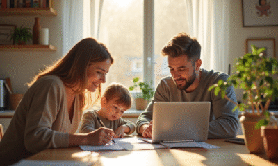 Famille jeune discutant à la cuisine avec documents et ordinateur