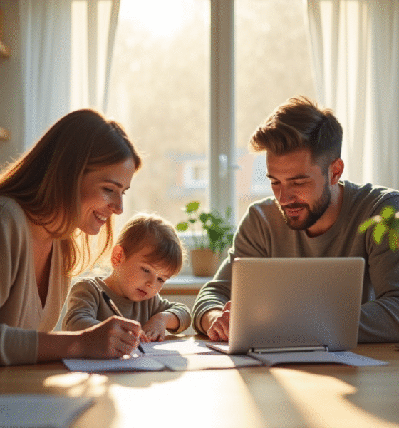 Famille jeune discutant à la cuisine avec documents et ordinateur