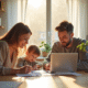 Famille jeune discutant à la cuisine avec documents et ordinateur