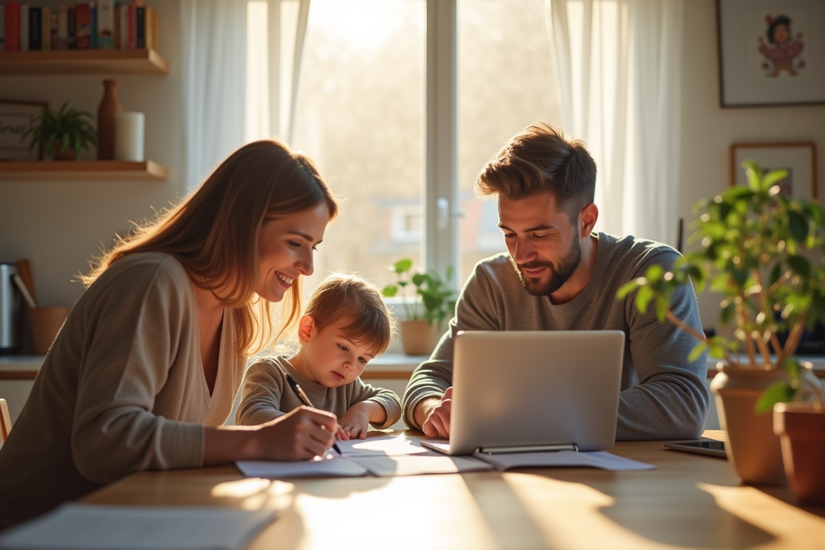 Famille jeune discutant à la cuisine avec documents et ordinateur