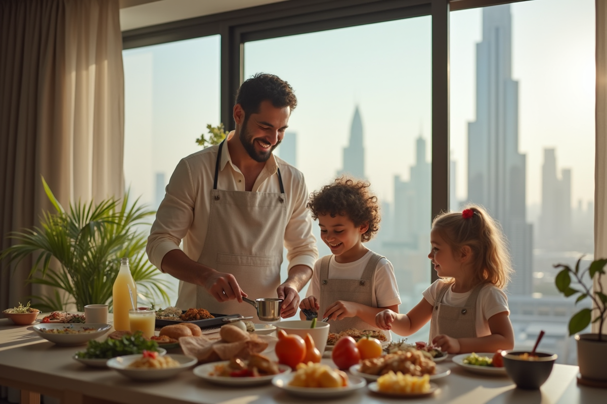Famille souriante préparant le dîner dans un appartement moderne à Dubai