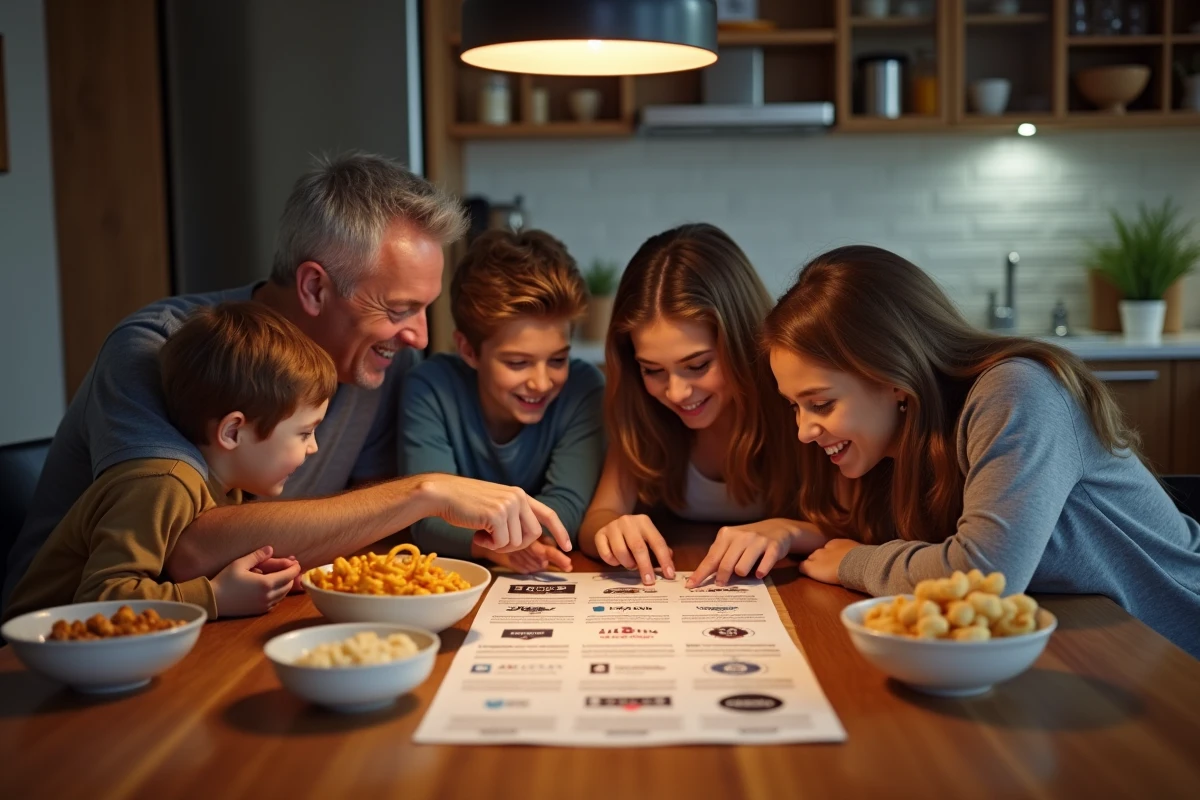 Une famille de quatre personnes discute joyeusement autour d'une liste imprimée de films Disney pour organiser leur ordre de visionnage idéal