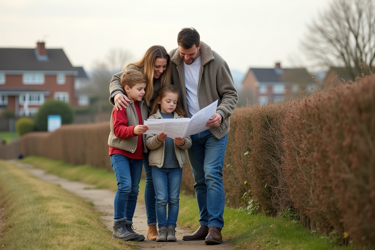 Famille avec enfants planifiant achat immobilier en plein air