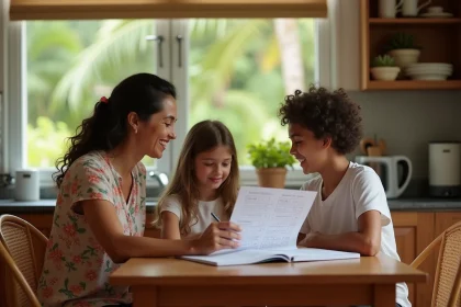 Famille réunionnaise autour d'une table consultant le calendrier des vacances scolaires 2026 à La Réunion
