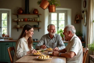 Femme brune trentenaire réunie avec ses parents âgés autour d'un repas dans une cuisine française authentique et chaleureuse