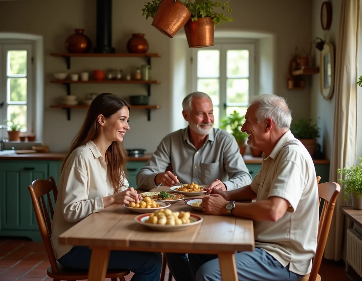 Femme brune trentenaire réunie avec ses parents âgés autour d'un repas dans une cuisine française authentique et chaleureuse