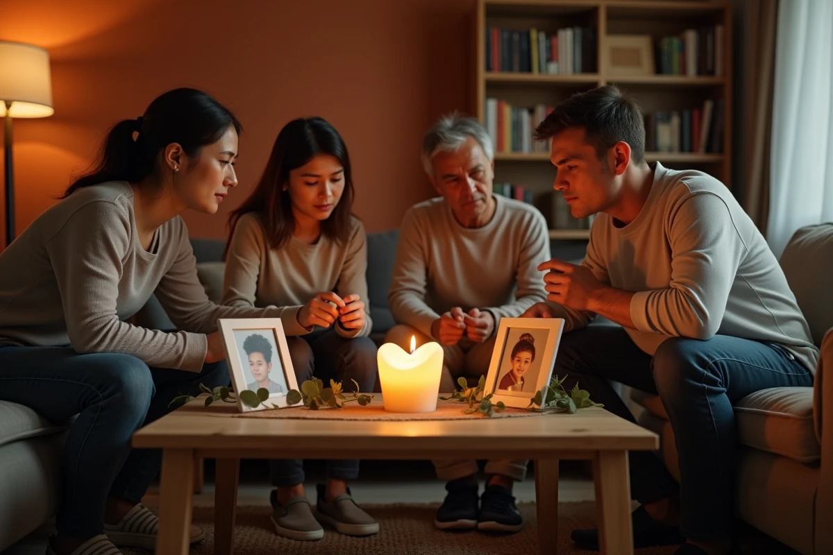 Famille réunie autour d'une bougie de deuil en forme de cœur lors d'un rituel de souvenir à la maison, avec des photos encadrées et des fleurs