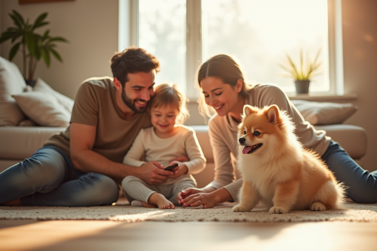 Famille heureuse dans un salon moderne avec un chien japonais