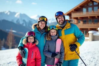 Famille souriante au pied des pistes de ski en hiver