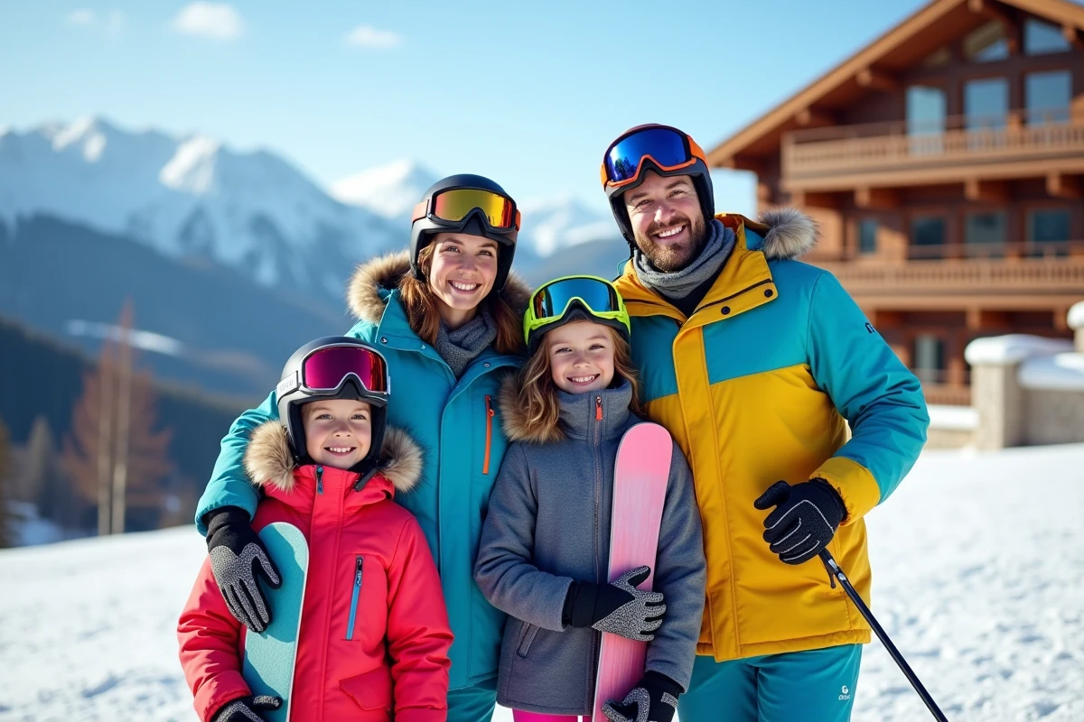 Famille souriante au pied des pistes de ski en hiver