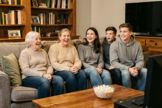 Famille multigénérationnelle regardant un film ensemble dans le salon, avec des expressions variées entre rire et surprise